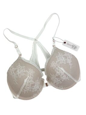 Skarlett Blue Taupe Plunge Bra with White Lace Overlay Size 32D